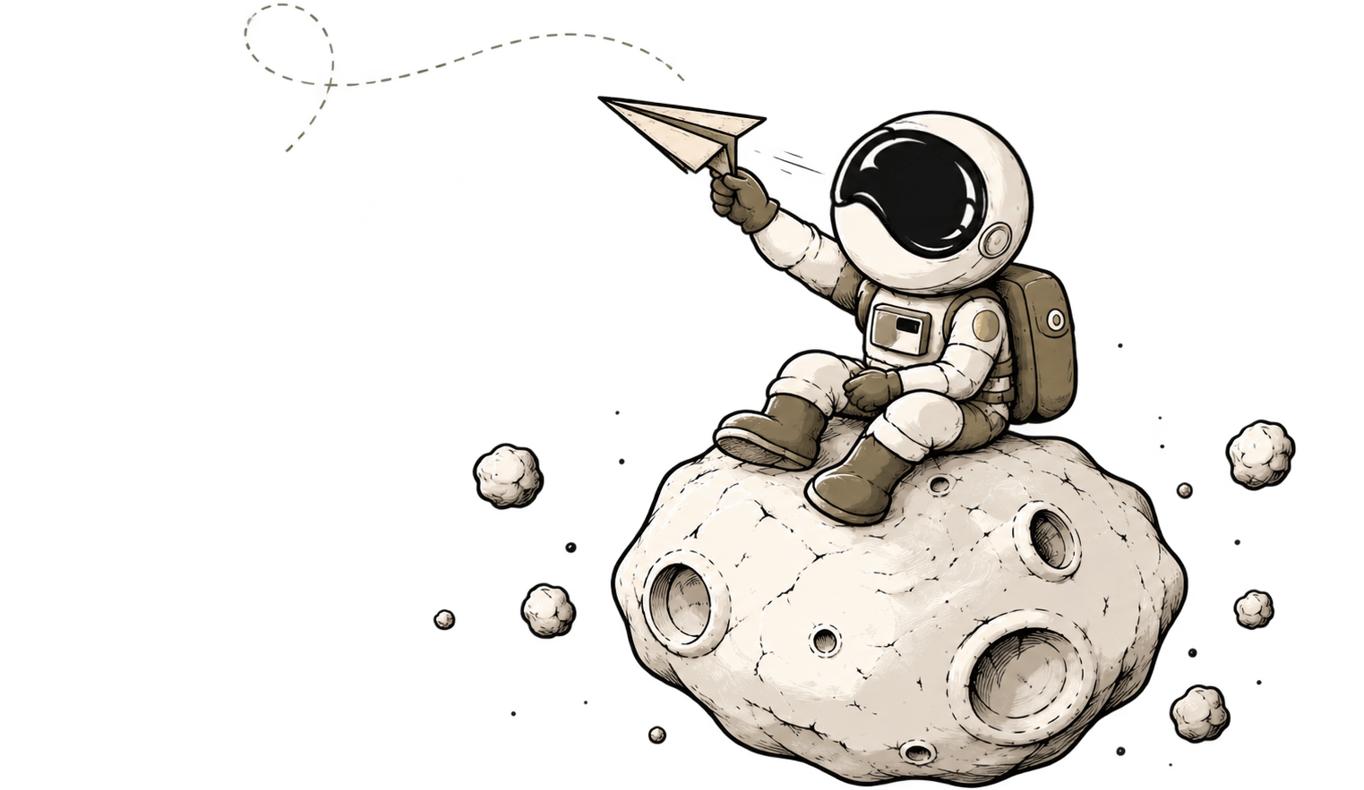 Illustration of an astronaut on an asteroid throwing a paper plane